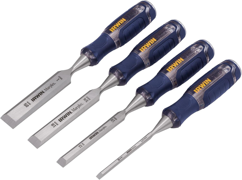 irwin chisel set, woodworking, 4-pack, extra-long strike cap shown in use