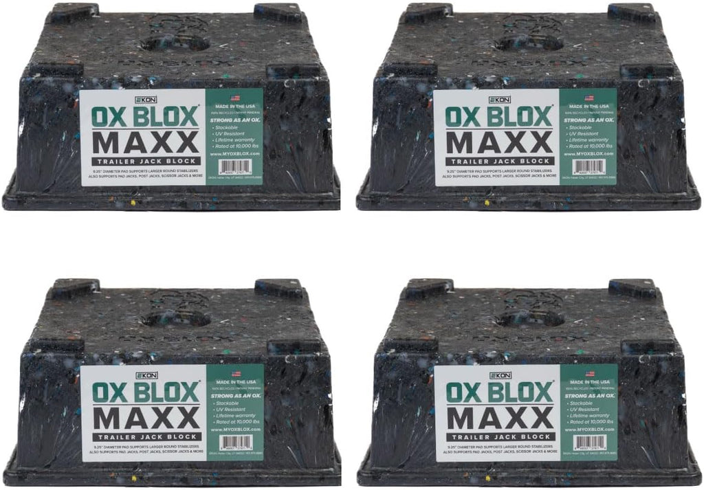 4-Pack OX BLOX MAXX Heavy Duty Trailer Jack Block, 5th Wheel RV Block | For 9" Round Feet; 9" & Smaller Feet Nest Securely Within Ridges;10.5x10.5x4.5 Inches; 6.8 lbs Weight; 10,000 lbs Capacity