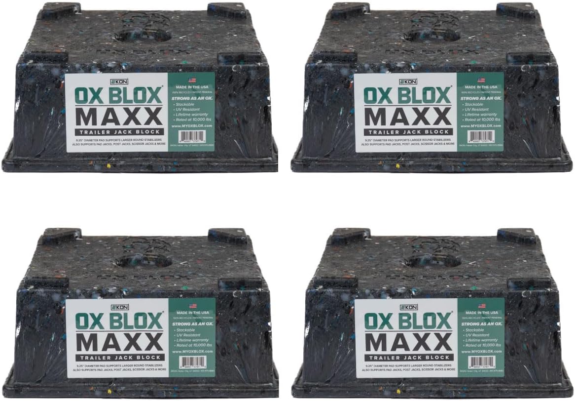 4-Pack OX BLOX MAXX Heavy Duty Trailer Jack Block, 5th Wheel RV Block | For 9" Round Feet; 9" & Smaller Feet Nest Securely Within Ridges;10.5x10.5x4.5 Inches; 6.8 lbs Weight; 10,000 lbs Capacity