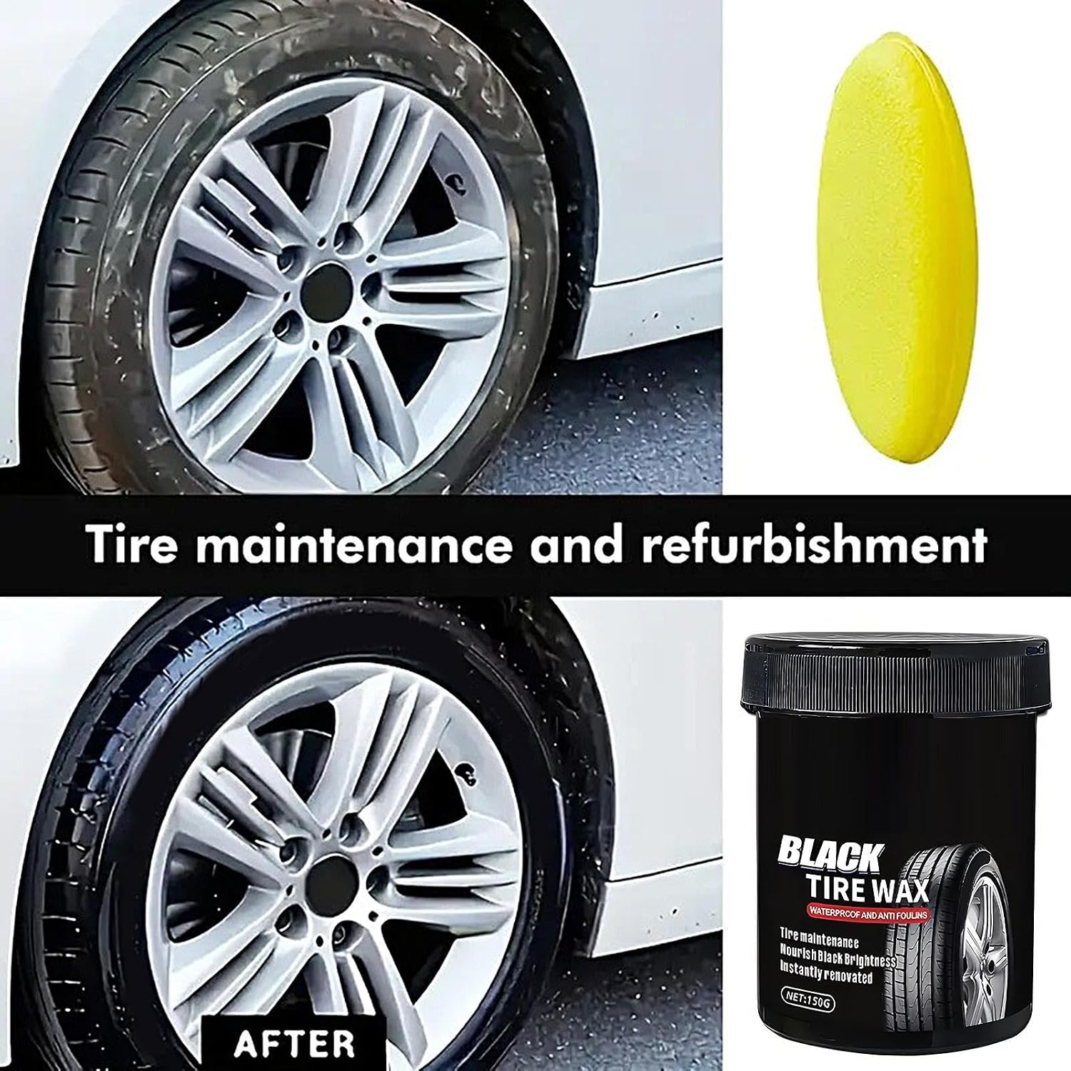 Car Tire Shine Balm, 150g Wheel Rim Cleaning Paste with Sponge Applicator, Waterproof Gloss Restorer for Car Truck SUV RV Trailer Exterior Automotive Care