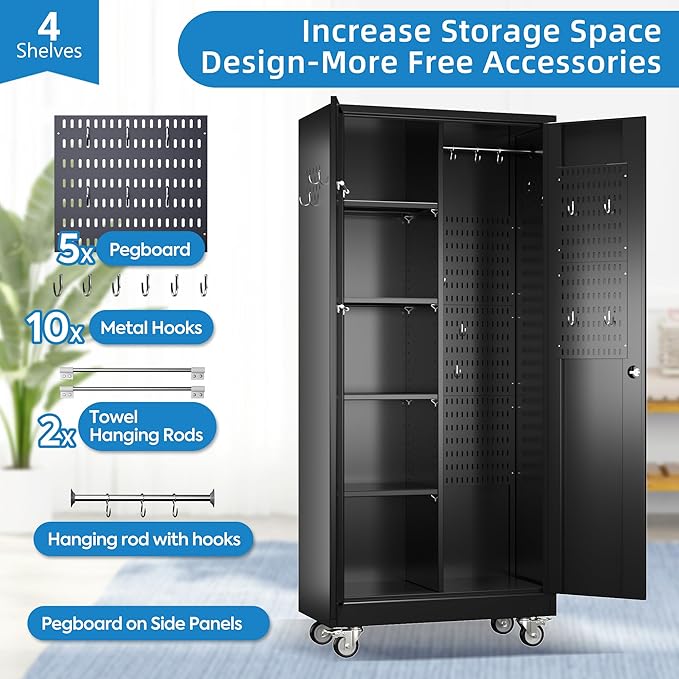 Garage Storage Cabinet with Wheels and 5 Pegboard, Broom Closet Storage Cabinet - Image 3