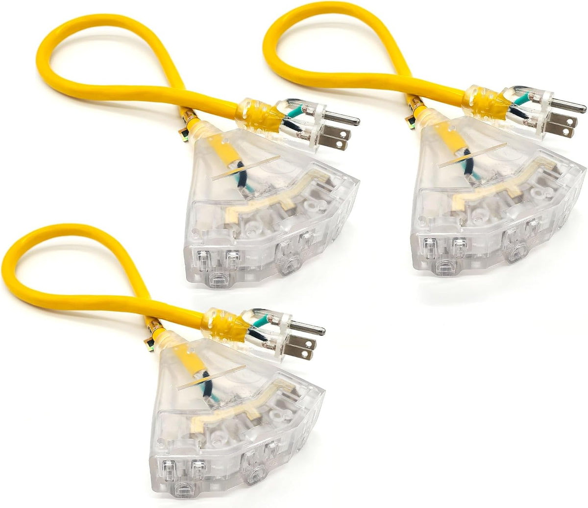 3 Pack - 2 ft - 12 Gauge Heavy Duty Extension Cord - 3 Outlet Lighted SJTW -