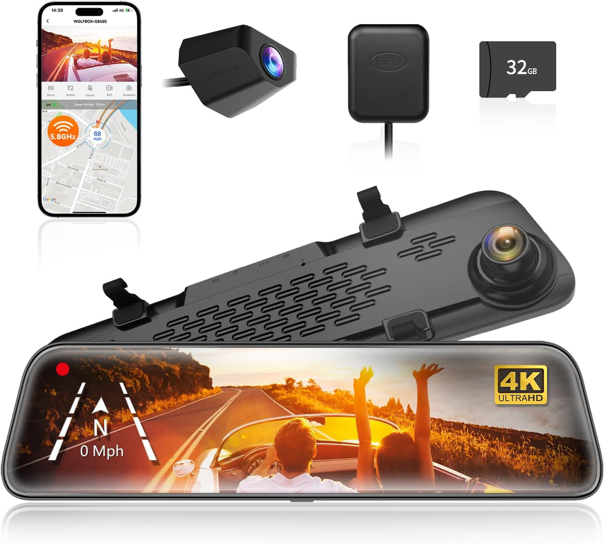 wolfbox g840s 12" 4k mirror dash cam backup, main product view