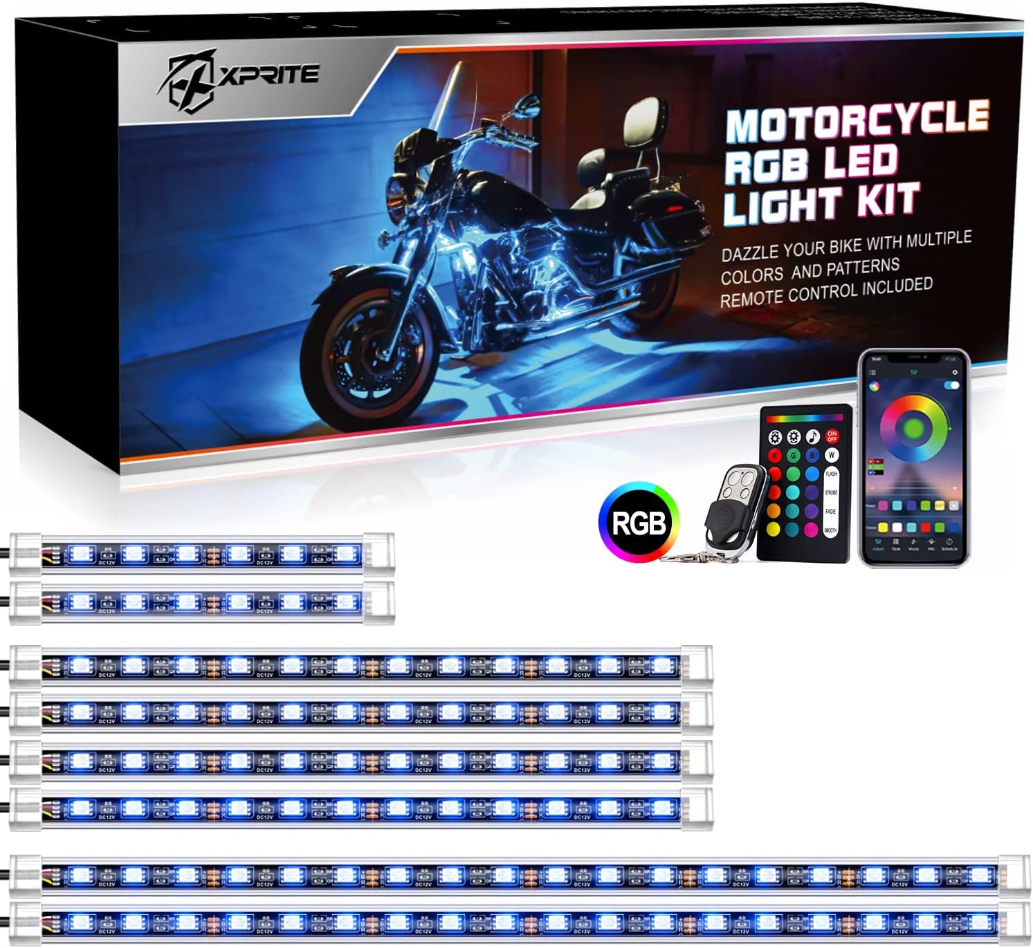 Xprite Motorcycle RGB LED Light Kit Waterproof w/Wireless Remote Control Underglow Neon Lights Strips Red Brake Lamp Function for Harley Davidson Honda Kawasaki Suzuki 8PCS