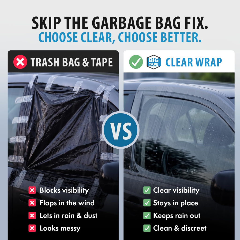 Big Tape Crash Wrap for Broken Car Windows, Temporary Film, 17.5 in x 6 Ft | No-residue Plastic Window Cover Seals Broken Auto Glass Fast — Waterproof Protection with Clean, Sticky-Free Removal