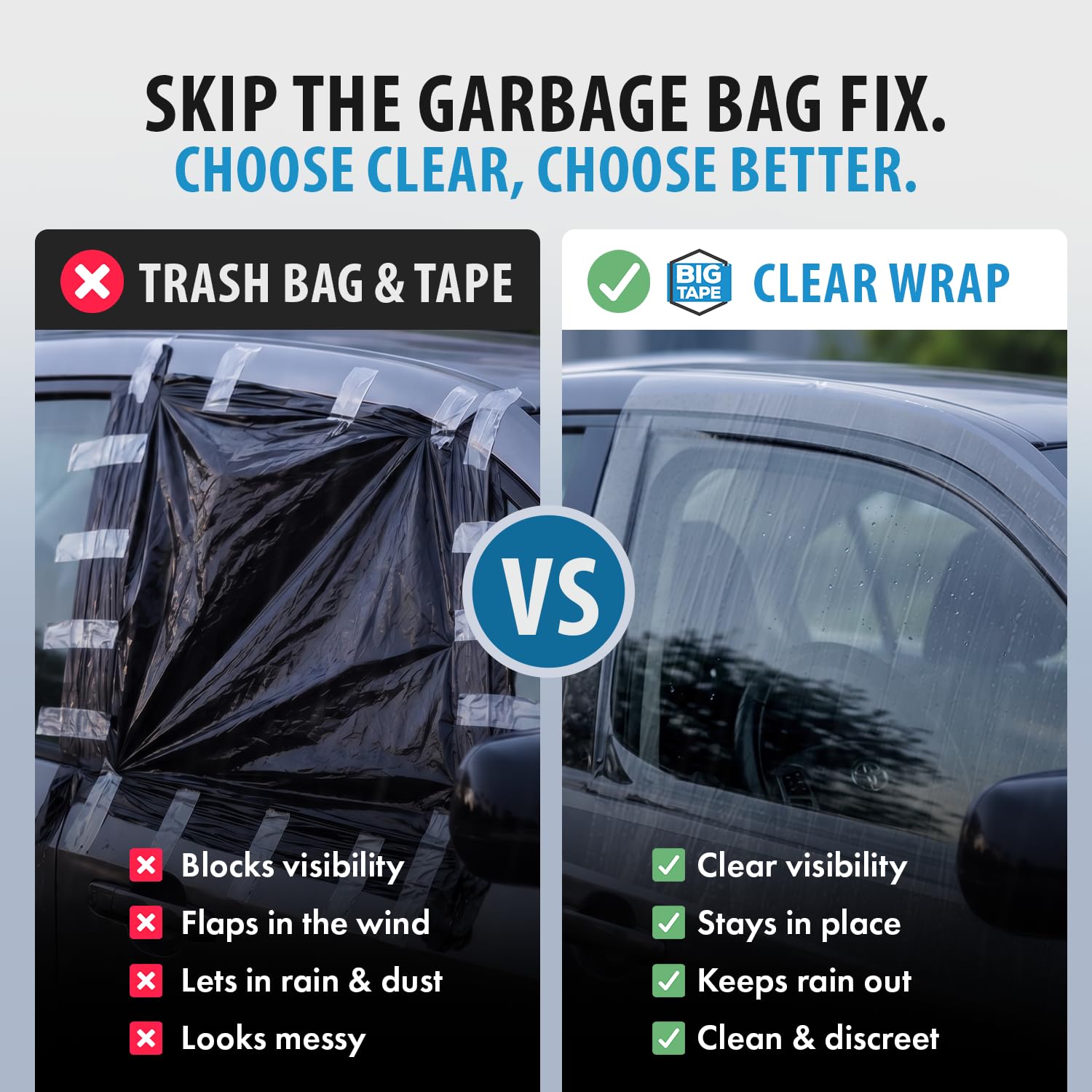 Big Tape Crash Wrap for Broken Car Windows, Temporary Film, 17.5 in x 6 Ft | No-residue Plastic Window Cover Seals Broken Auto Glass Fast — Waterproof Protection with Clean, Sticky-Free Removal