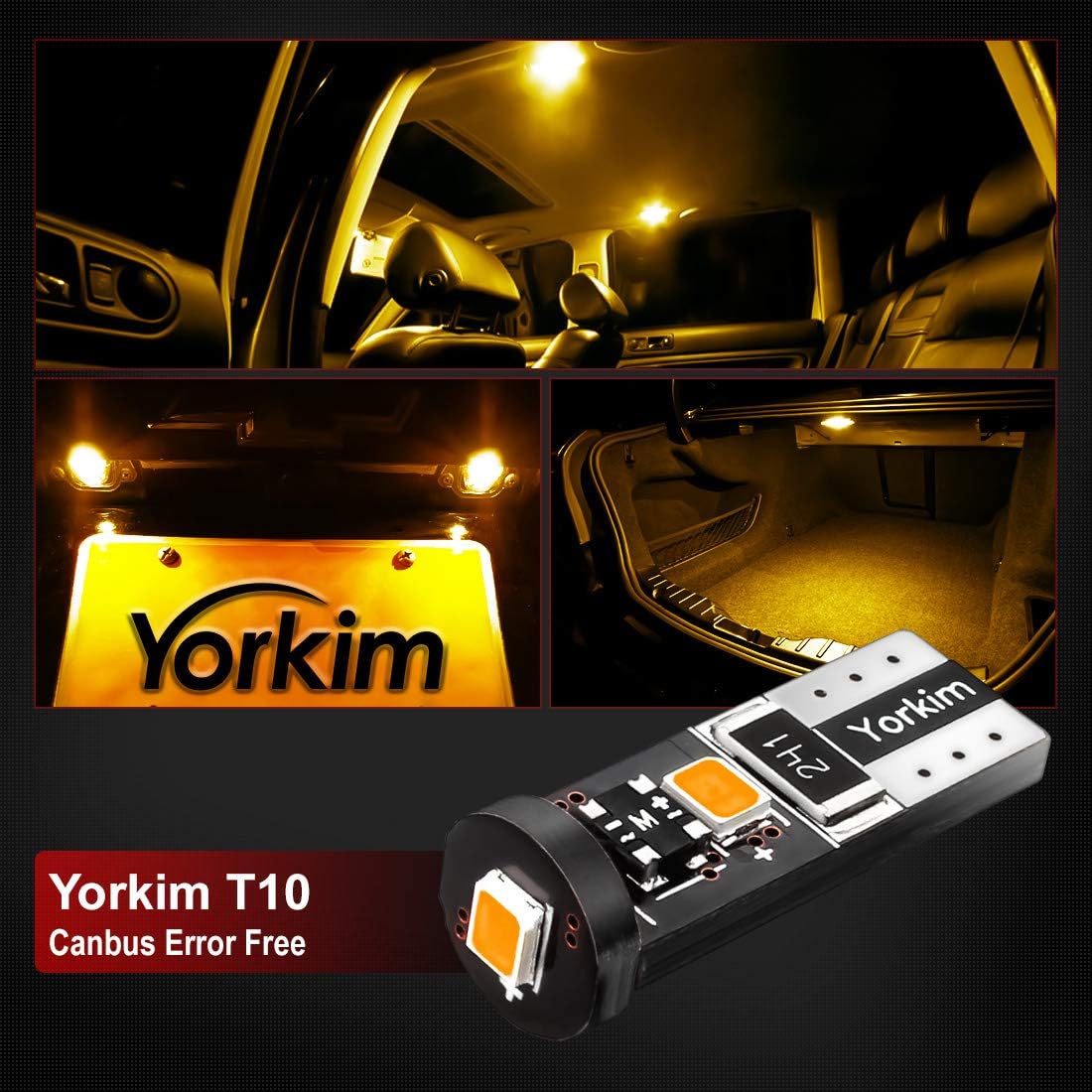 Yorkim 194 Led Bulb Amber Canbus Error Free 3-SMD 2835 Chipsets, T10 Amber Interior Led For Dome Map Door Courtesy License Plate Trunk lights with 194 168 W5W 2825 Socket, Pack of 10