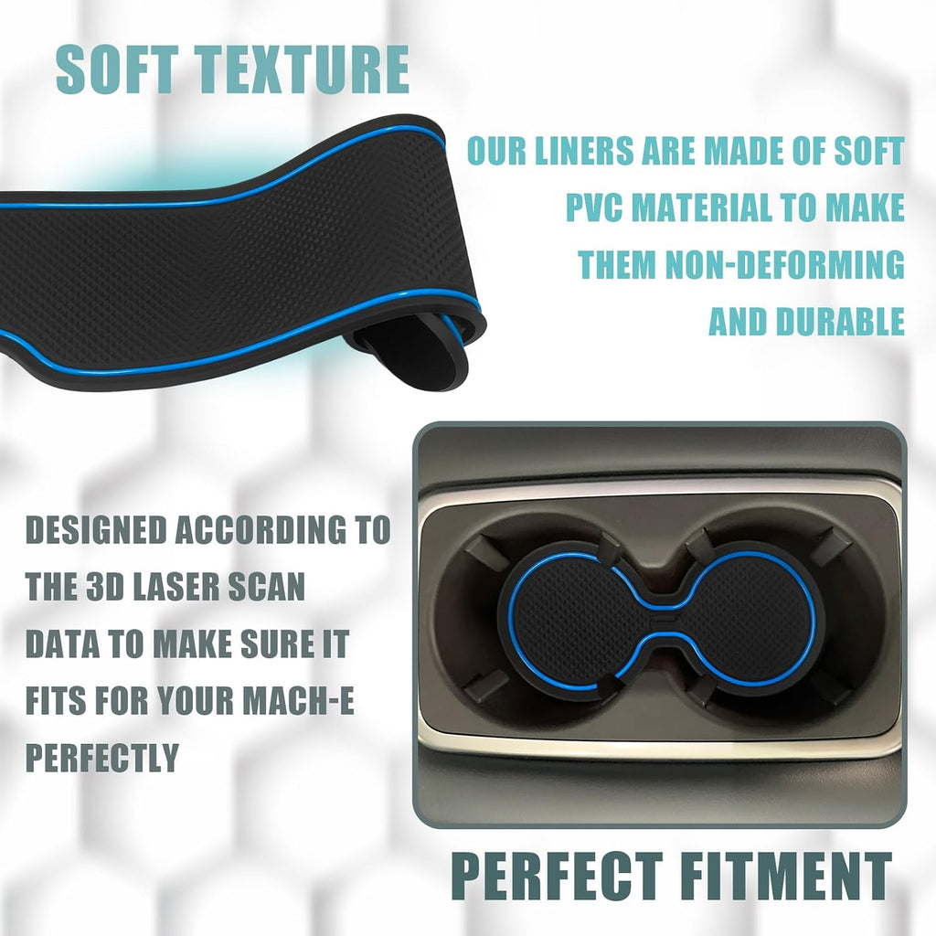 BestEvMod Compatible with Mach E Accessories 2021-2026 PVC Interior Anti Dust Cup Holder Inserts Center Console Liner Mats 18-pcs Set (V3 Blue)