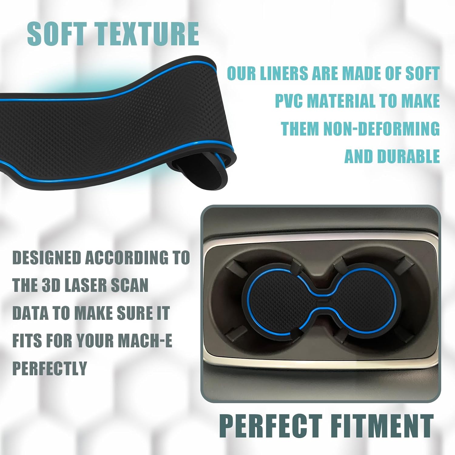 BestEvMod Compatible with Mach E Accessories 2021-2026 PVC Interior Anti Dust Cup Holder Inserts Center Console Liner Mats 18-pcs Set (V3 Blue)