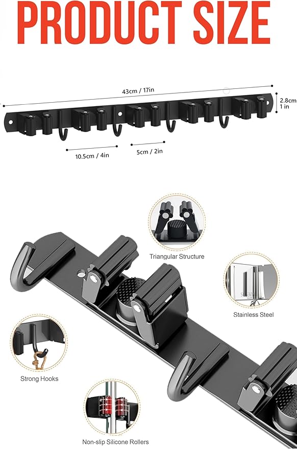 Mop and Broom Holder Wall Mount, Upgraded Broom Hanger Wall Mount, Stainless - Image 4