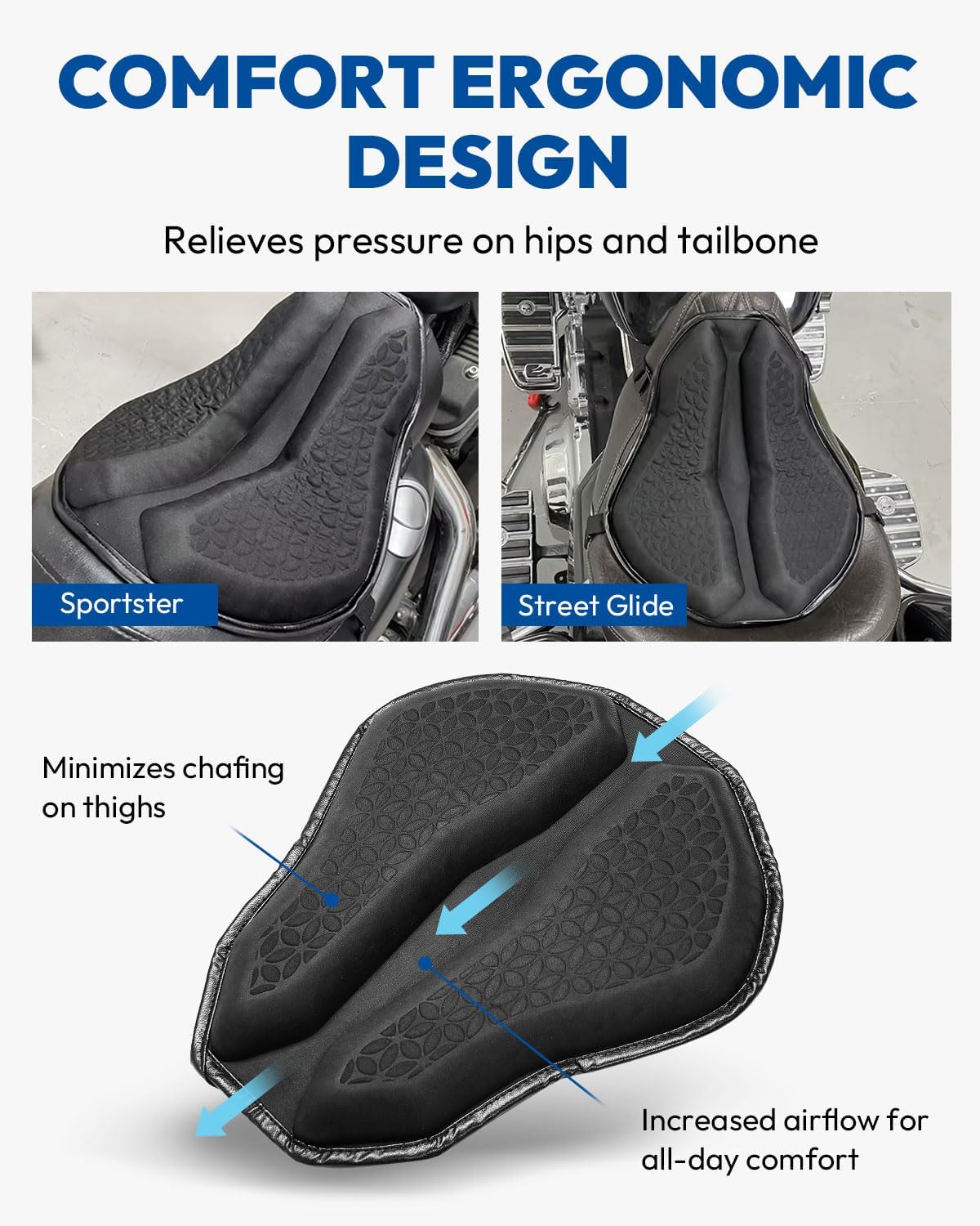 Motorcycle Seat Cushion, Universal Motorcycle Gel Seat Pad, Large 3D-Honeycomb Structure Shake Rider Cushion TPE Shock Absorption and Breathable for Long Rides