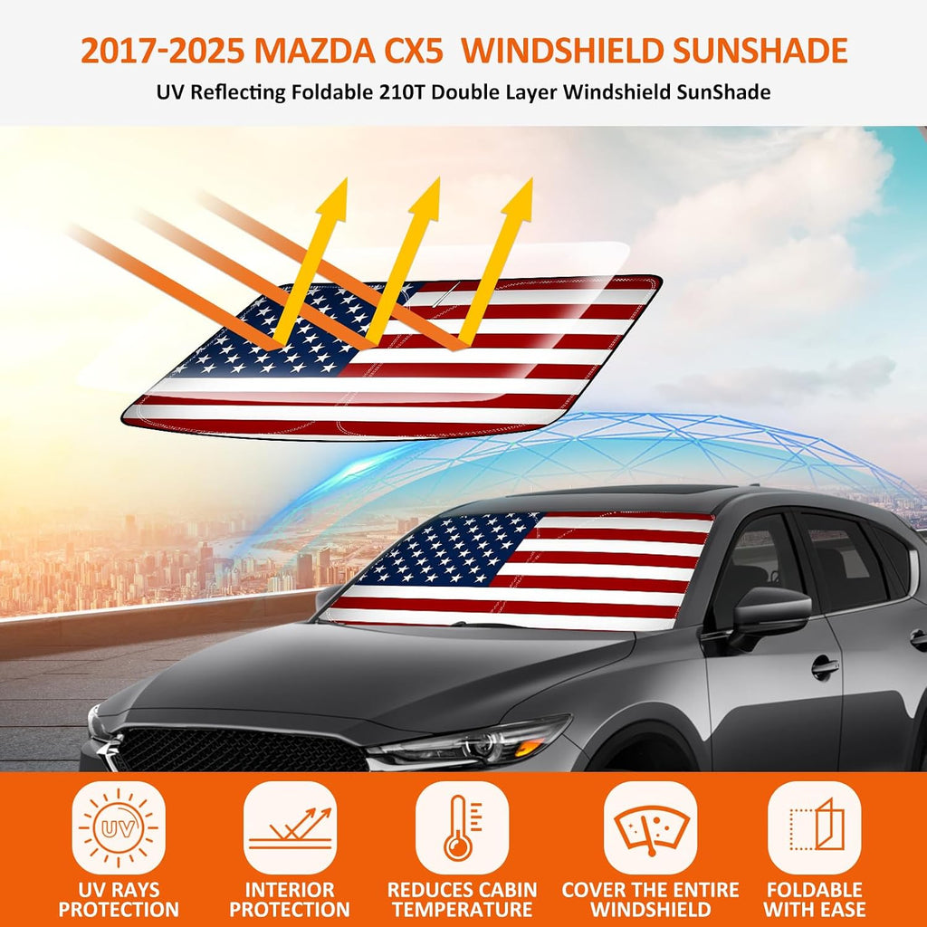 Bestview American Flag Windshield Sunshade for CX-5 2017-2025 Mazda CX5,Custom Fit Foldable Front Window Sunshade Sun Visor Accessories Protector Block UV Rays Heat, Keep Your Car Cooler