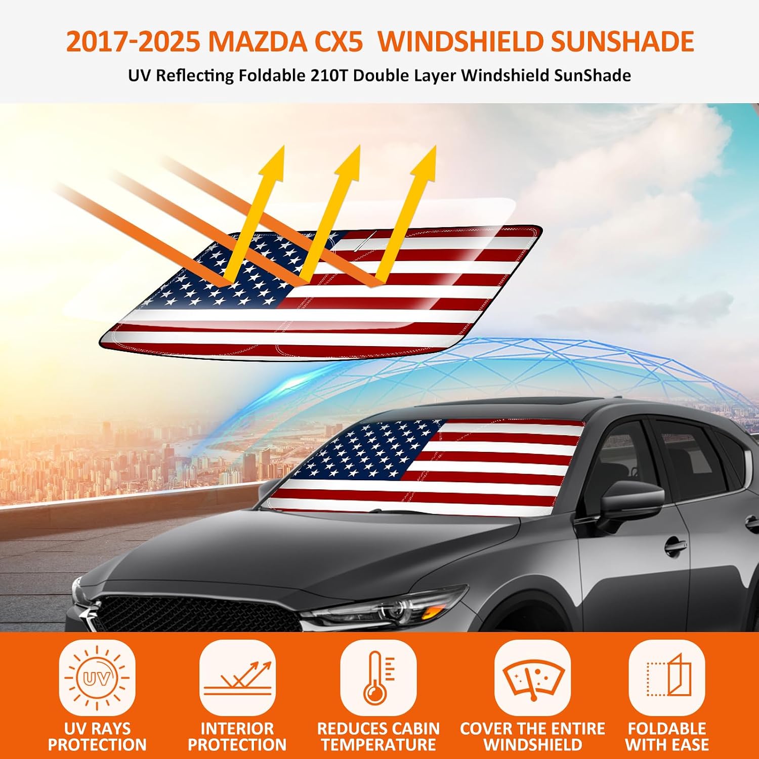 Bestview American Flag Windshield Sunshade for CX-5 2017-2025 Mazda CX5,Custom Fit Foldable Front Window Sunshade Sun Visor Accessories Protector Block UV Rays Heat, Keep Your Car Cooler