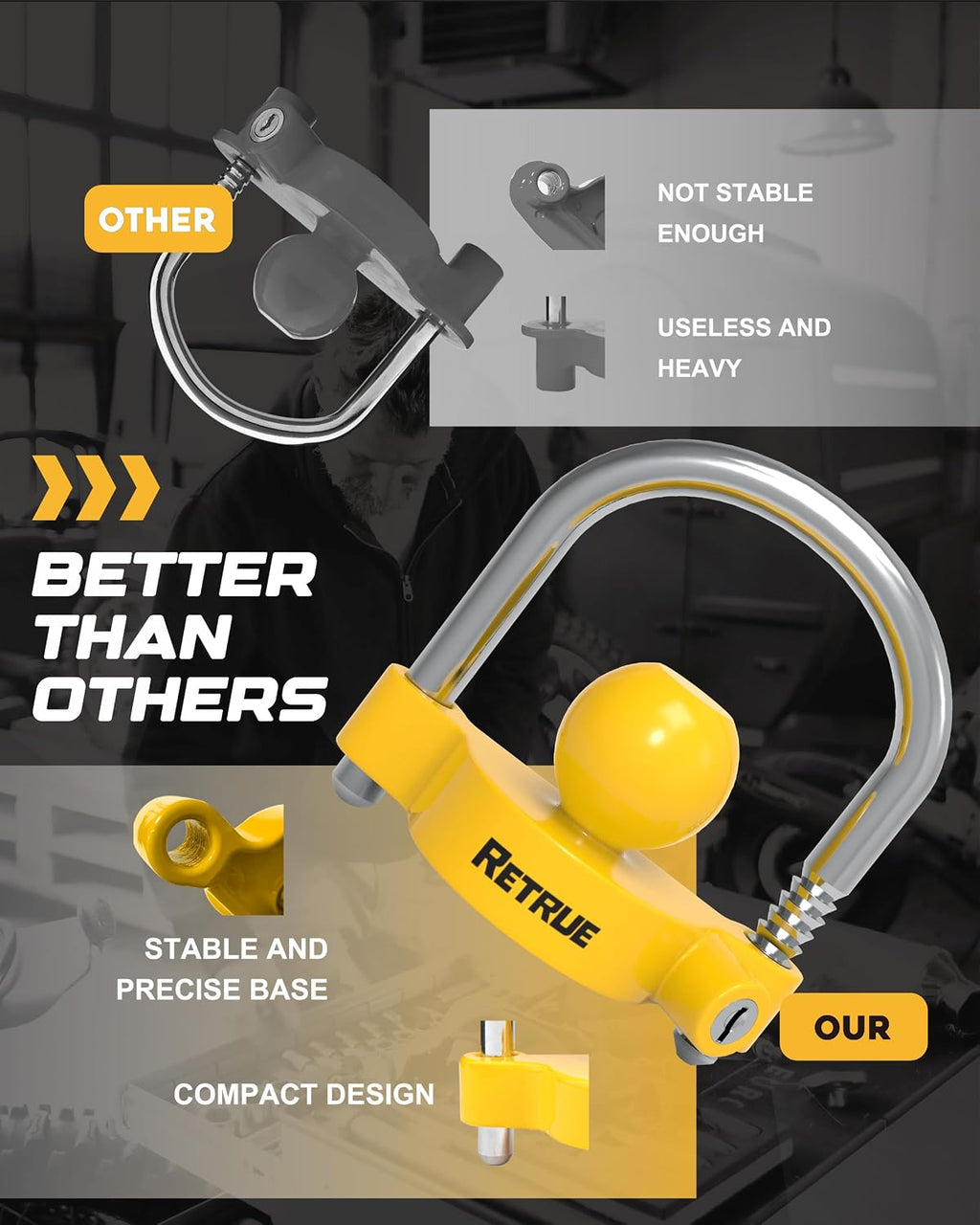 RETRUE Universal Coupler Lock Trailer Locks Ball Hitch Trailer Hitch Lock Adjustable Security Heavy-Duty Steel Fits 1-7/8 Inch, 2 Inch, 2-5/16 Inch Couplers, Bright Yellow, Light Weight