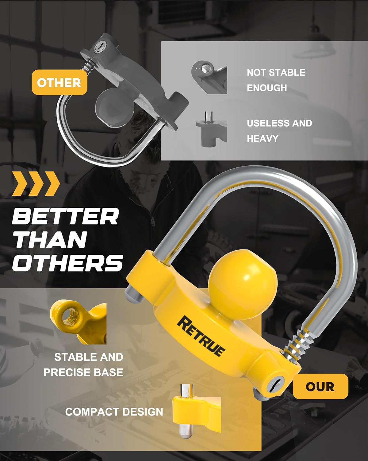 RETRUE Universal Coupler Lock Trailer Locks Ball Hitch Trailer Hitch Lock Adjustable Security Heavy-Duty Steel Fits 1-7/8 Inch, 2 Inch, 2-5/16 Inch Couplers, Bright Yellow, Light Weight