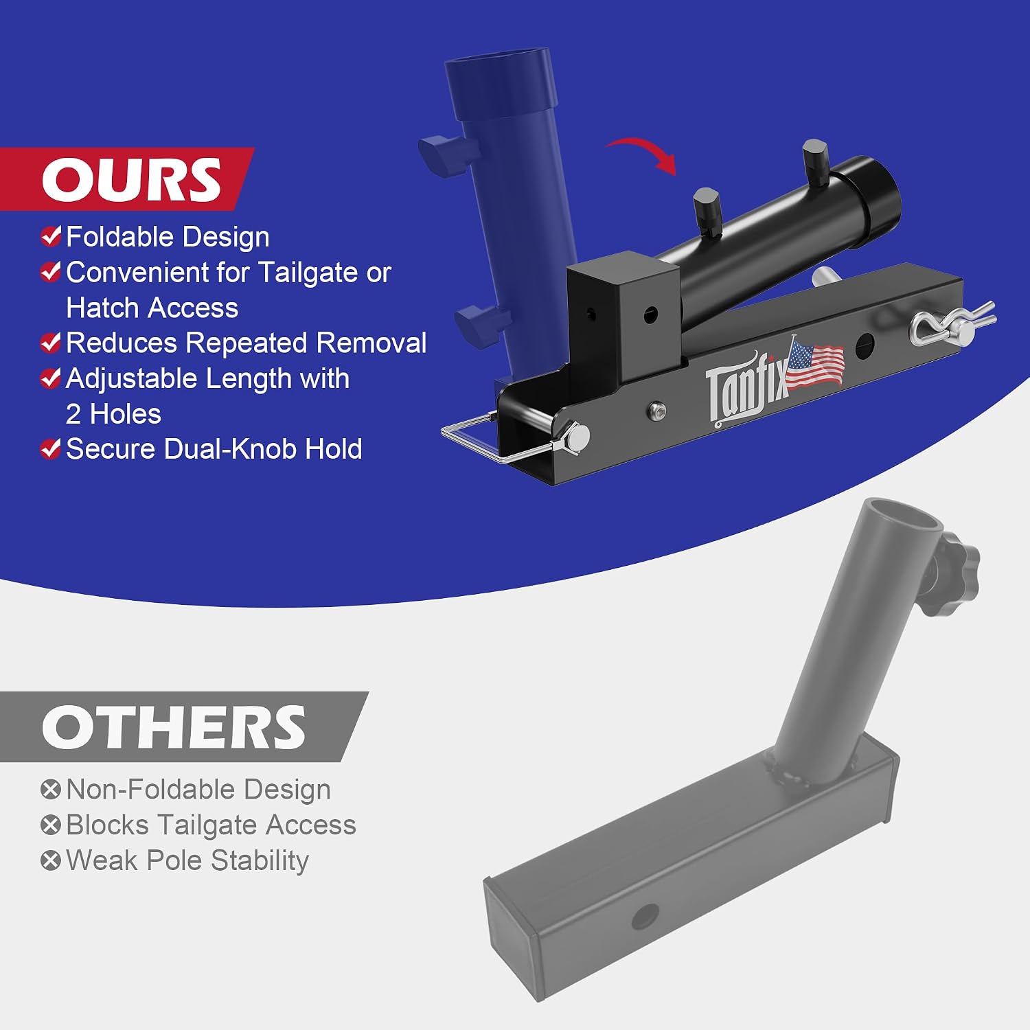 Foldable Hitch Mount Flagpole Holder | All Metal Heavy- Duty, Fits Standard 2" Trailer Hitch, Compatible with Jeep, Truck, SUV, RV, Pickup, Camper Trailer (ONE Flagpole)