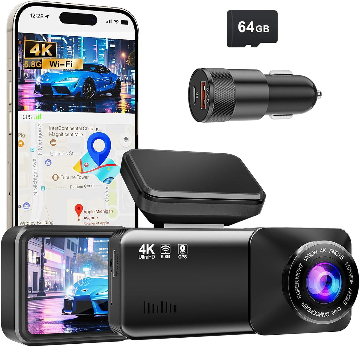 4k dash cam front, built-in 5.8g wifi, free, main product view