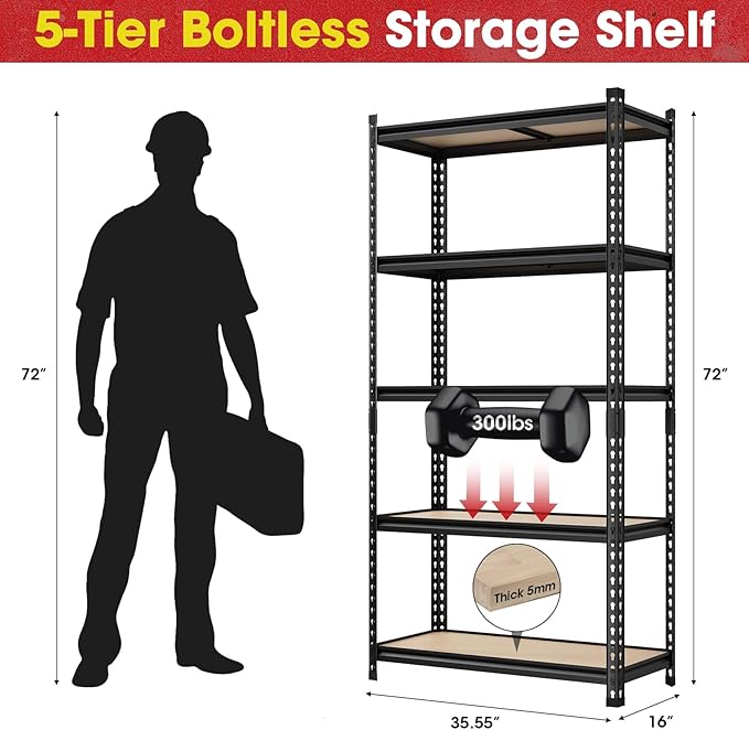 72" H Metal Storage Shelves 1500LBS Heavy Duty, 5 Tier Garage Shelving Unit - Image 3