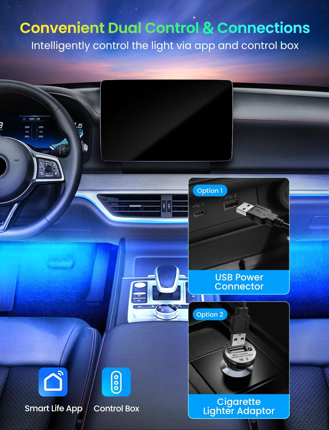 Pak Car LED Lights, Smart RGB 48 LED Car Interior Light with APP Control, Under Dash Car Strip Lights, Music Mode, DIY Mode, 2 Lines Design with Car Charger, Ambient Lighting for Cars, SUVs, Trucks