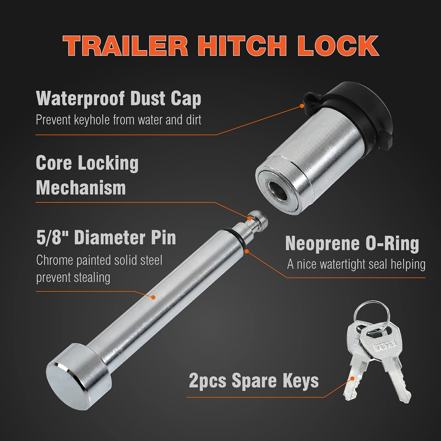 TCE 2 Pack Trailer Hitch Pin, Patented 5/8" Locking Receiver Hitch Pins for 2"/2.5" Receiver, Class V, Weatherproof Anti-Theft Lockable Pin with Dust, Mud & Gunk Protection, Used to Tow Truck