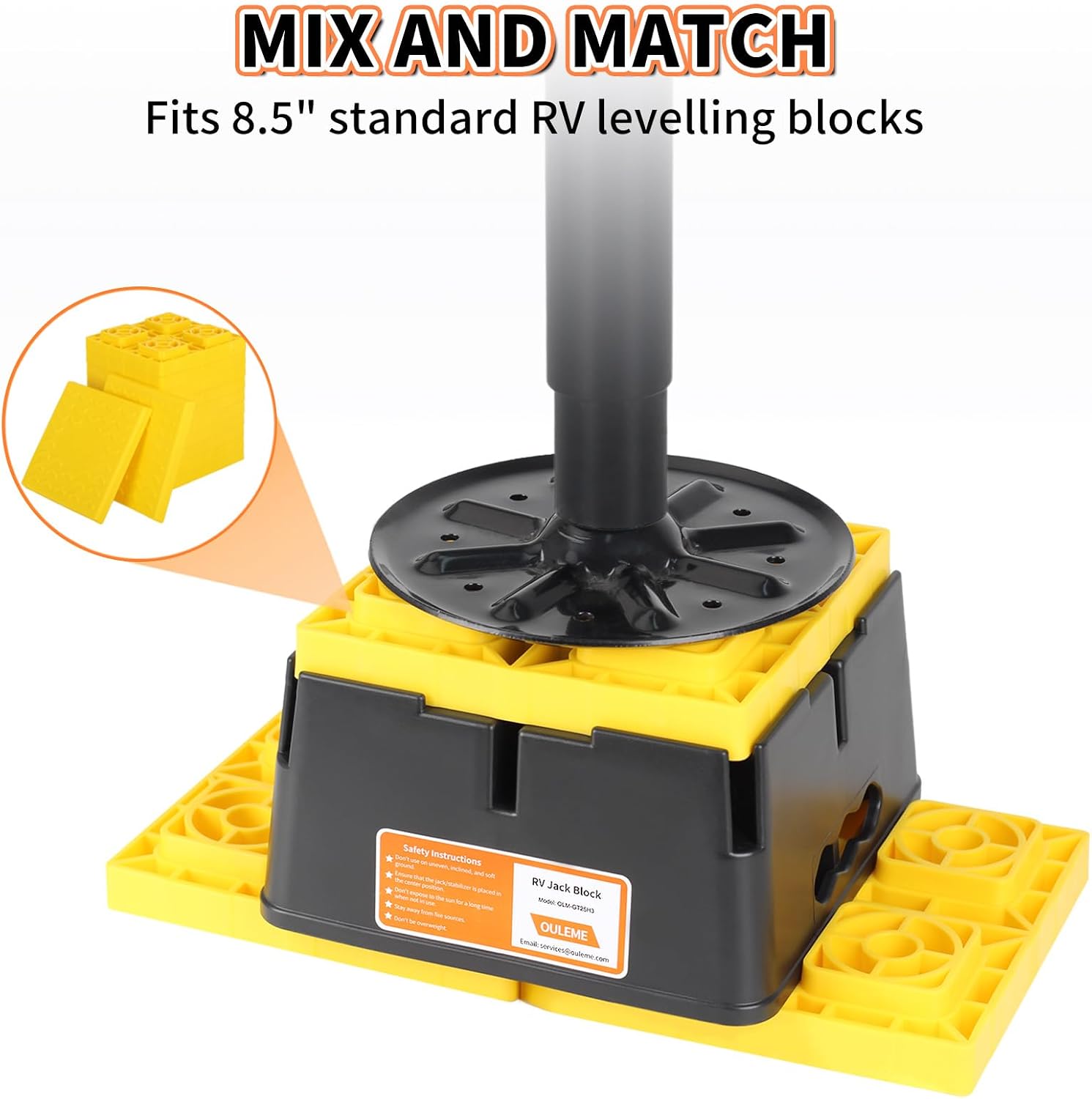 OULEME Trailer Jack Block, 15,000 lbs Leveling Block for RV Camper Travel Trailer 5th Wheel, Fits 8.5” Pad, Tongue Stand/Round Square Scissor Stabilizer Jack and Wheels, 1 Pack