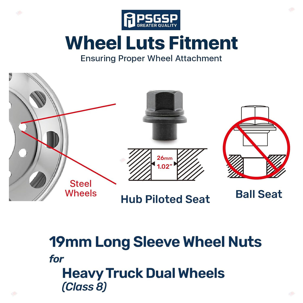 Two-Piece 19mm Sleeve Flanged Wheel Nuts 6PCS, M22x1.5 Hex:33mm Black for Heavy Duty Truck Semi Truck Fit Steel Dual Wheels with Hub Piloted Seat & 26mm Bolt Hole Size