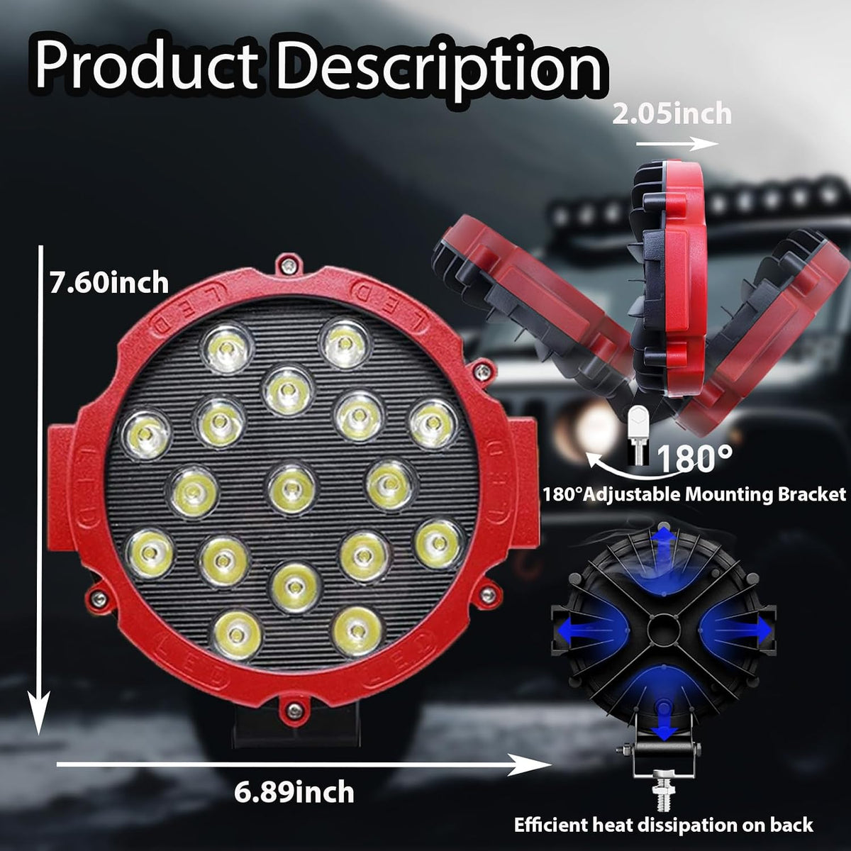 7 inch round led off road lights 51w showing dimensions
