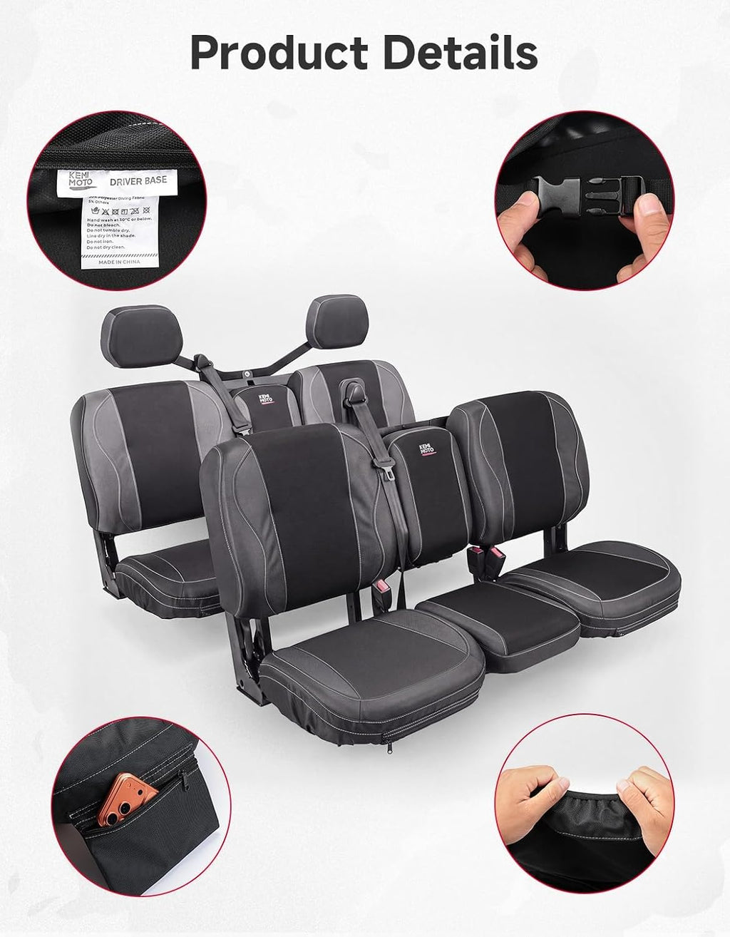 KEMIMOTO Seat Covers Black Compatible with Can Am Defender MAX X MR/XT/Limited/Lone Star- Water-Resistant, 1680D Oxford Fabric, Front Rear Two Doors Split Bench Seat Covers Bolstered Seats Only