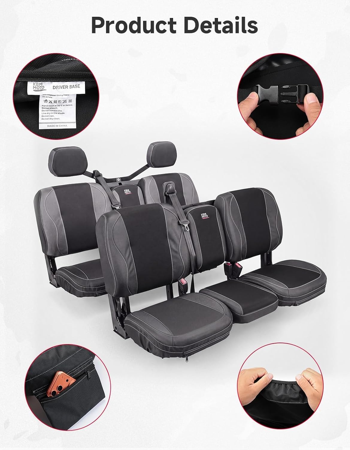 KEMIMOTO Seat Covers Black Compatible with Can Am Defender MAX X MR/XT/Limited/Lone Star- Water-Resistant, 1680D Oxford Fabric, Front Rear Two Doors Split Bench Seat Covers Bolstered Seats Only