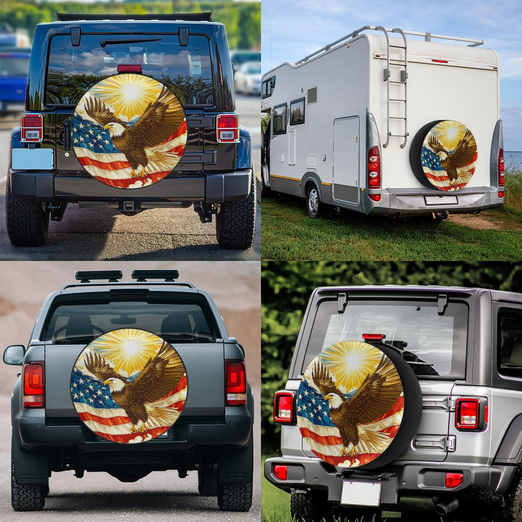 Rv Spare Tire Cover Wheel American Flag Eagle Sun Tire Covers Wheel Protectors Universal Fit for Camper RV SUV Truck Travel Trailer Accessories Waterproof Cover 17 inch for Diameter 31-33in