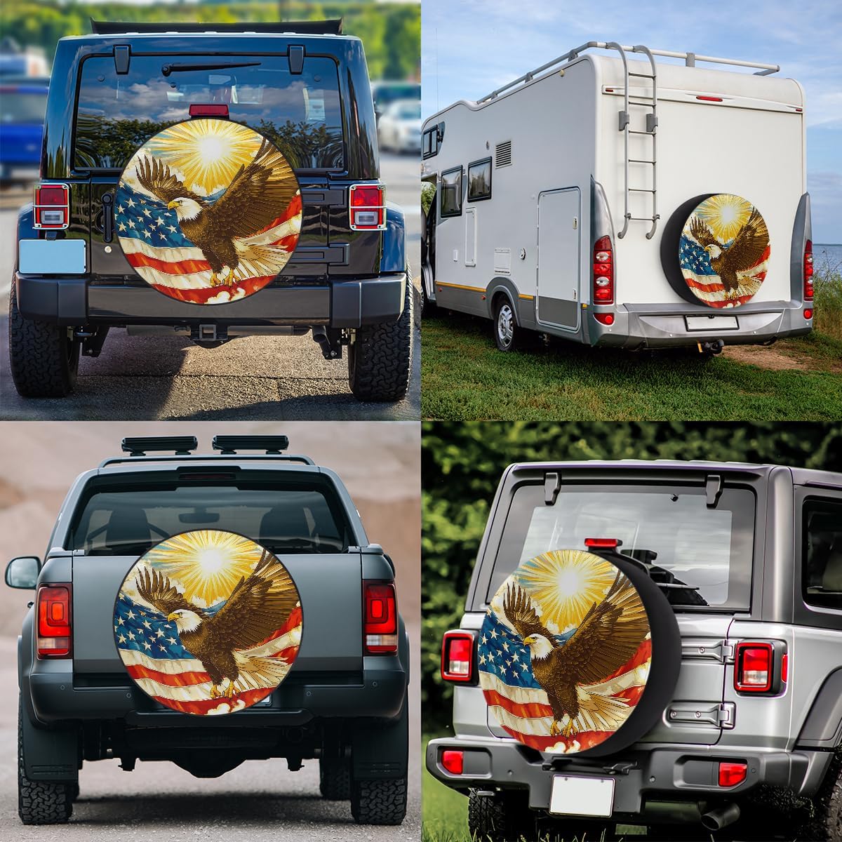 Rv Spare Tire Cover Wheel American Flag Eagle Sun Tire Covers Wheel Protectors Universal Fit for Camper RV SUV Truck Travel Trailer Accessories Waterproof Cover 17 inch for Diameter 31-33in