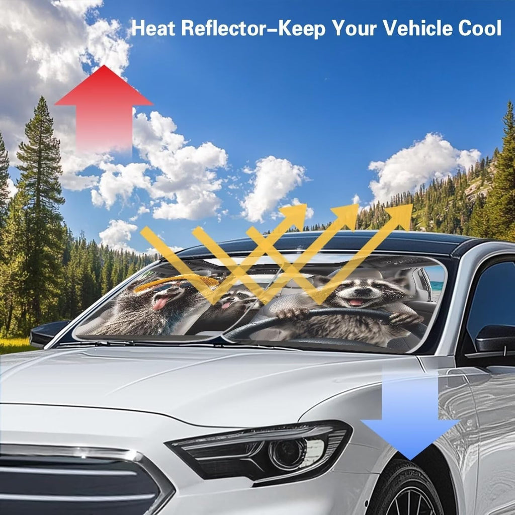 AFPANQZ 3D RaccoonUV Protection Foldable Windshield Washable Sun Shades Universal Fit for Car Auto Sedan Truck SUVs Travel Outdoor Packing 28.5"x25.5"