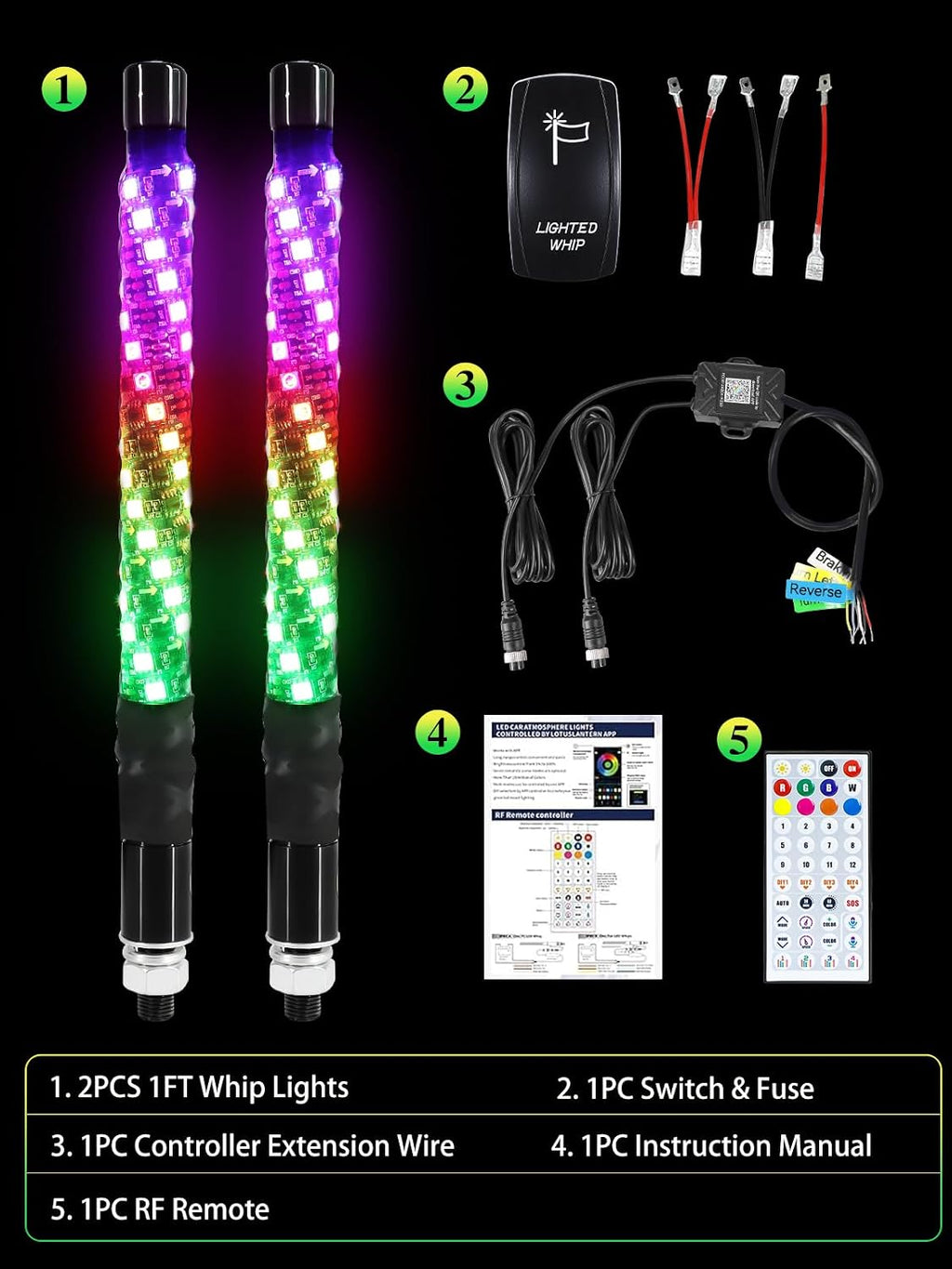 2 Pack 1FT Whip Lights with Spring Base, LED Whip Light with App & Remote Control, Spiral RGB Chasing Lighted Whips with Rocker Switch, Music Whip Light for UTV ATV