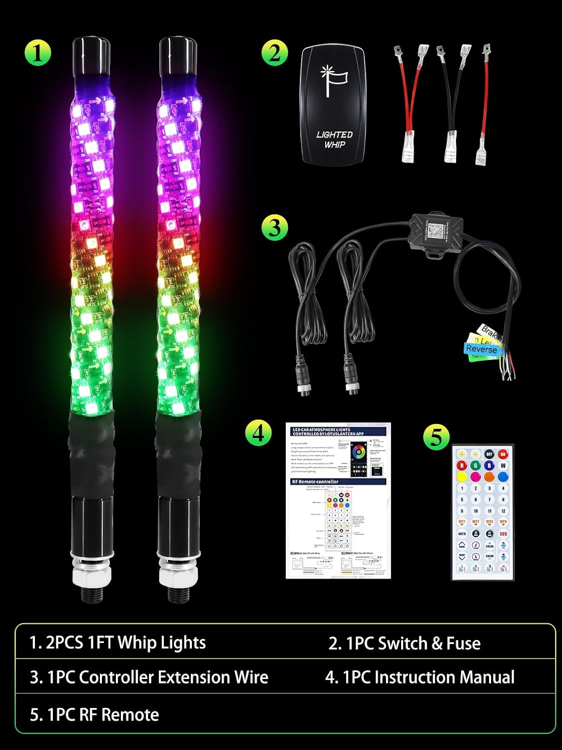 2 Pack 1FT Whip Lights with Spring Base, LED Whip Light with App & Remote Control, Spiral RGB Chasing Lighted Whips with Rocker Switch, Music Whip Light for UTV ATV