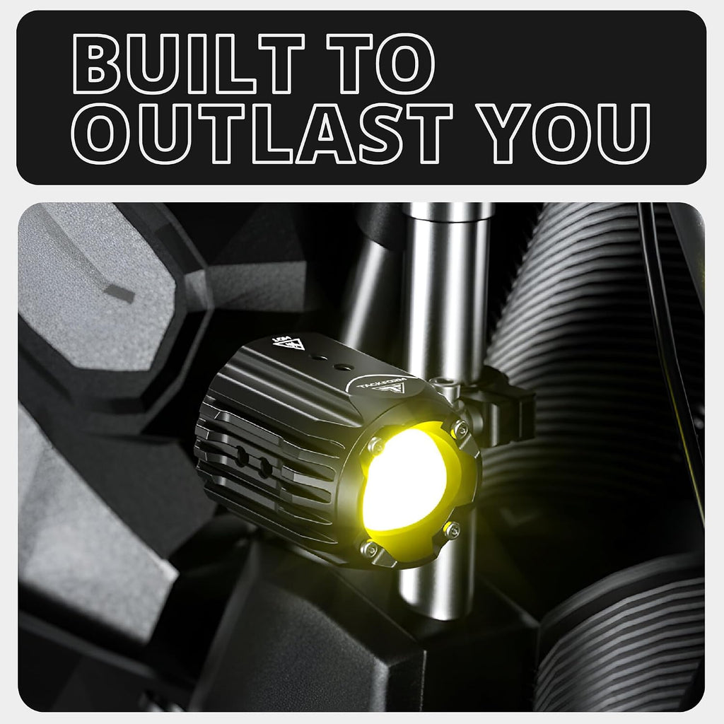 Tackform Dual Motorcycle Auxiliary LED Lights | 6000 Lumens, 60W, 3000K-6000K, IP68 Waterproof | Billet Aluminum | 360° Swivel Mount | For 7/8", 1”, 1 1/4" Bars Only | Motorcycle, 4 Wheeler, Dirt Bike