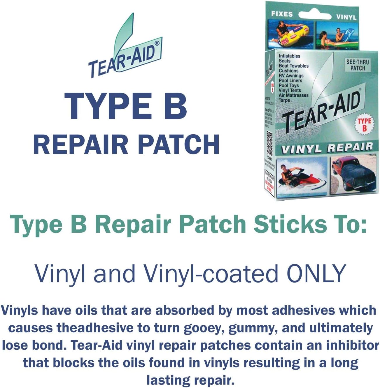 TEAR-AID Vinyl Repair Kit, Type B Clear Patch for Vinyl-Coated Materials, Works on Tents, Awnings, Air Matresses, Pool Liners and More, Green Box, Single Pack | automotive-vinyl-protectants