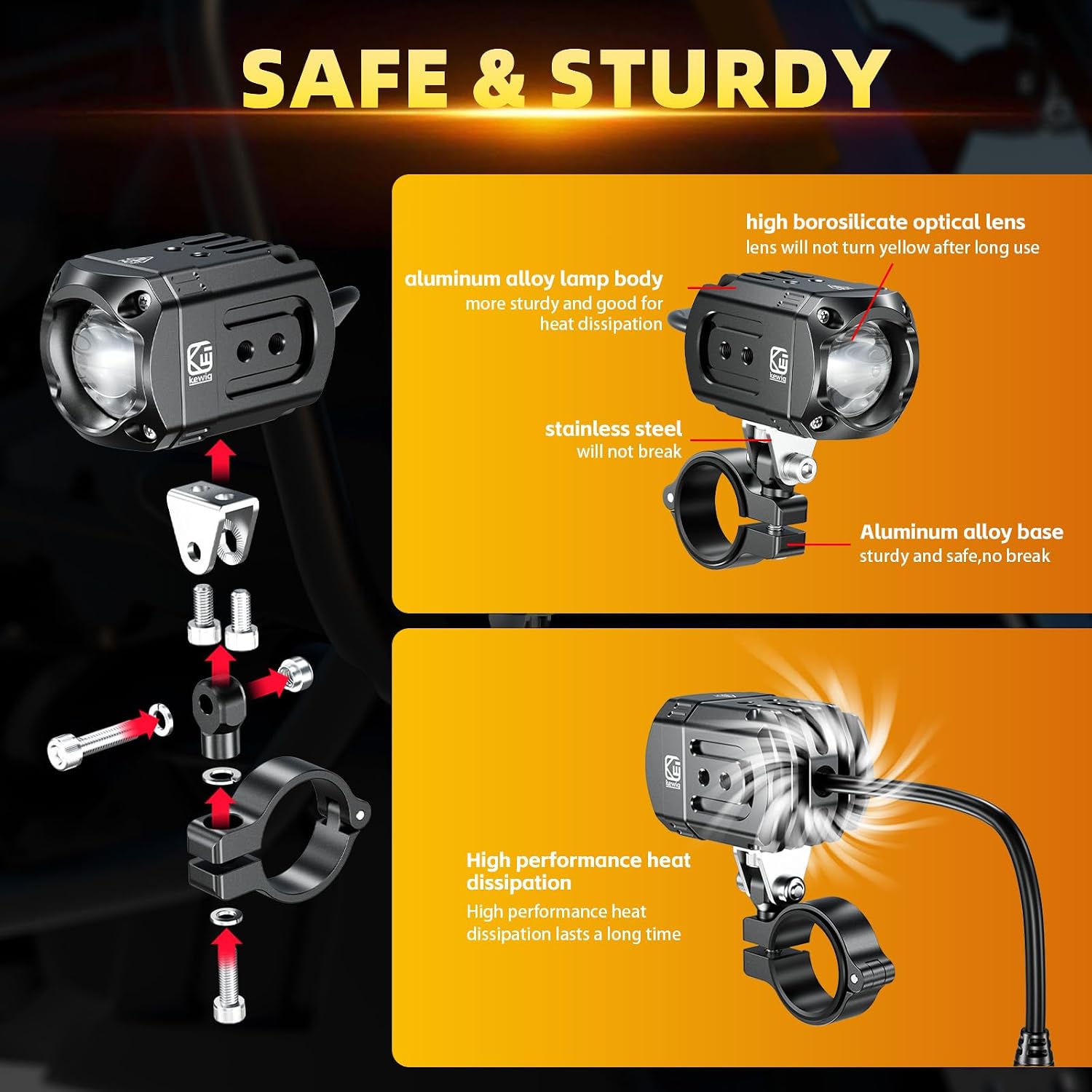 Kewig Motorcycle Auxiliary LED Light Kit Driving Spotlights White/Amber Fog Light with Mount Brackets Wire Harness Waterproof 60W Offroad Work Lights Compatible with Motorcycle J-eep Car Truck (Black)