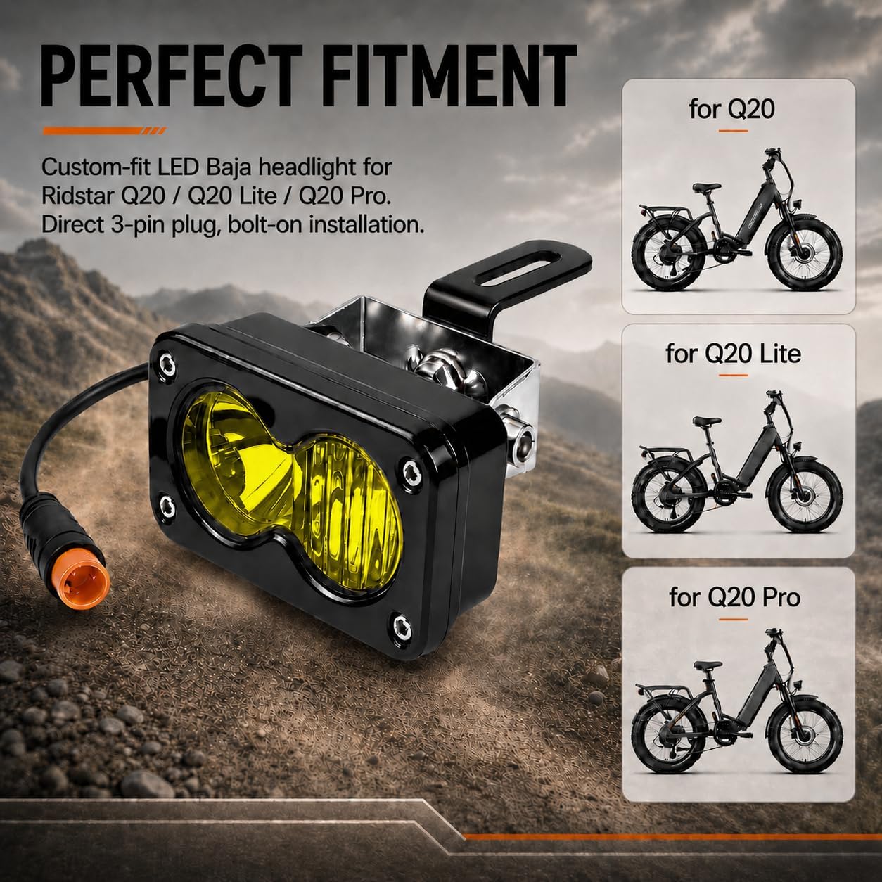Upgrade LED Baja Headlight for Ridstar Q20/Q20 Lite/Q20 Pro,20W 6000-6500K Waterproof 3-Pin Plug and Play w/Mount Bracket,Yellow High Beam Light