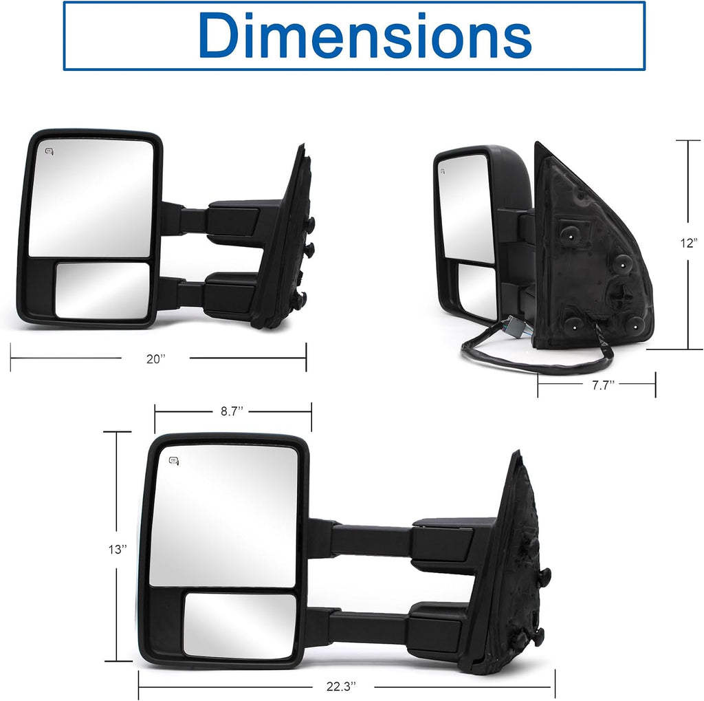 Driver Left Side Towing Mirror fit for 2008-2016 Ford F250 F350 F450 F550 | Super Duty Power Heated Amber Turn Signal Light Puddle Light Auxiliary Lamp Black Cap