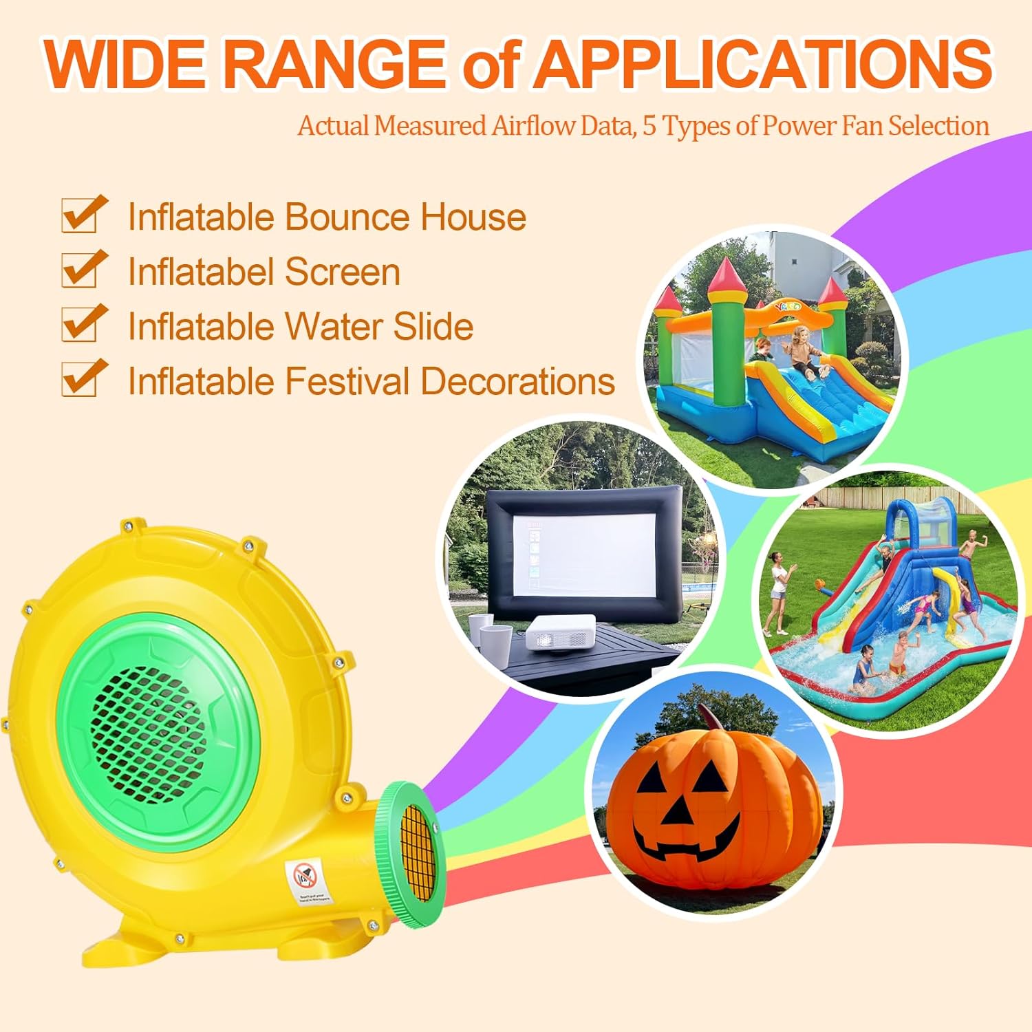 Bounce House Blower, 550W/0.73HP Commercial Air Blower with Double-Sided Fan Blade Design, Strong Wind and Great Heat Dissipation Properties for Bouncy Castle, Jump Slides, Arch, Inflatables