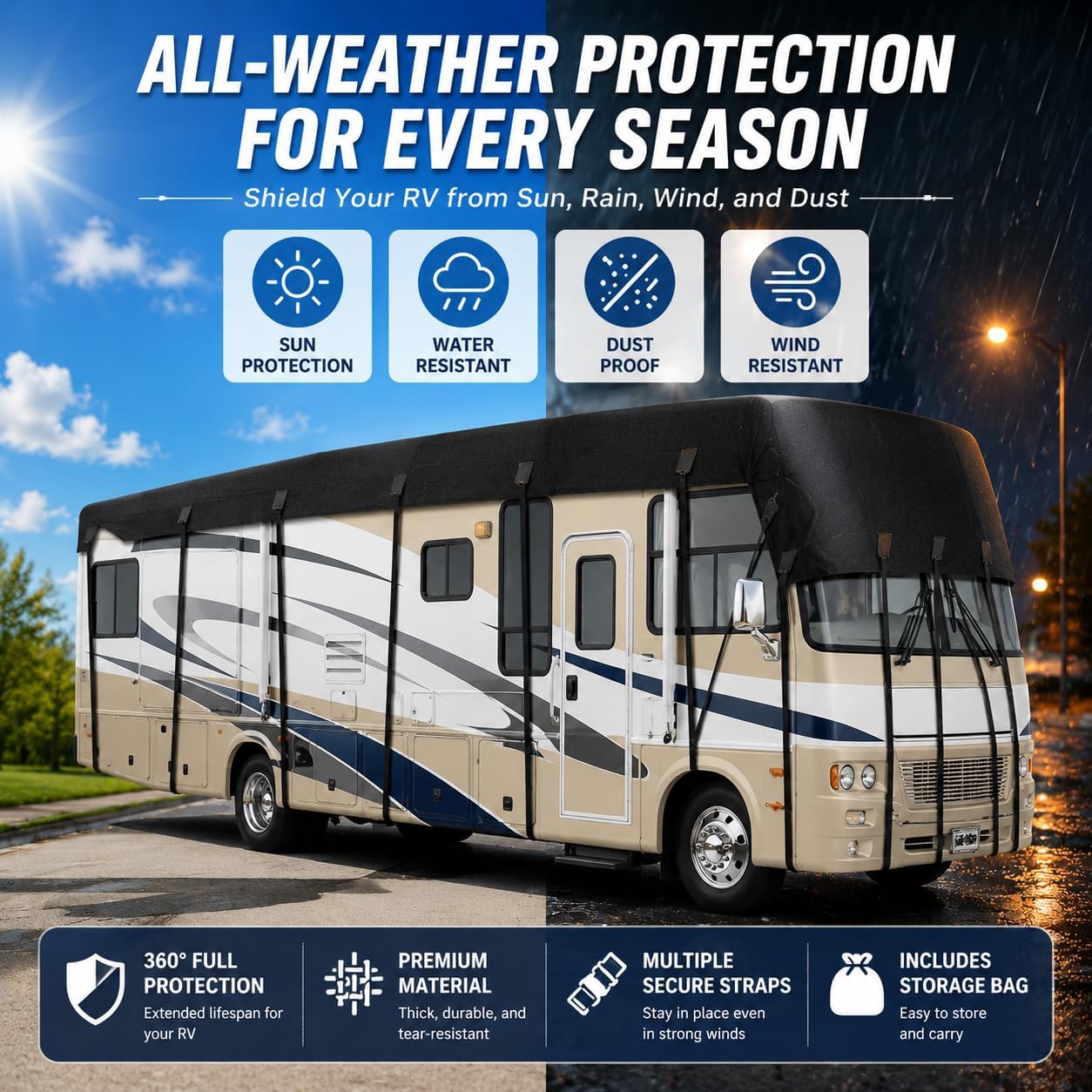 Camper Roof Cover for Fleetwood Bounder 33D 2013-2015, Class A Motorhome RV Roof Cover with Straps All-Season Water-Resistant Oxford Fabric Roof Protector