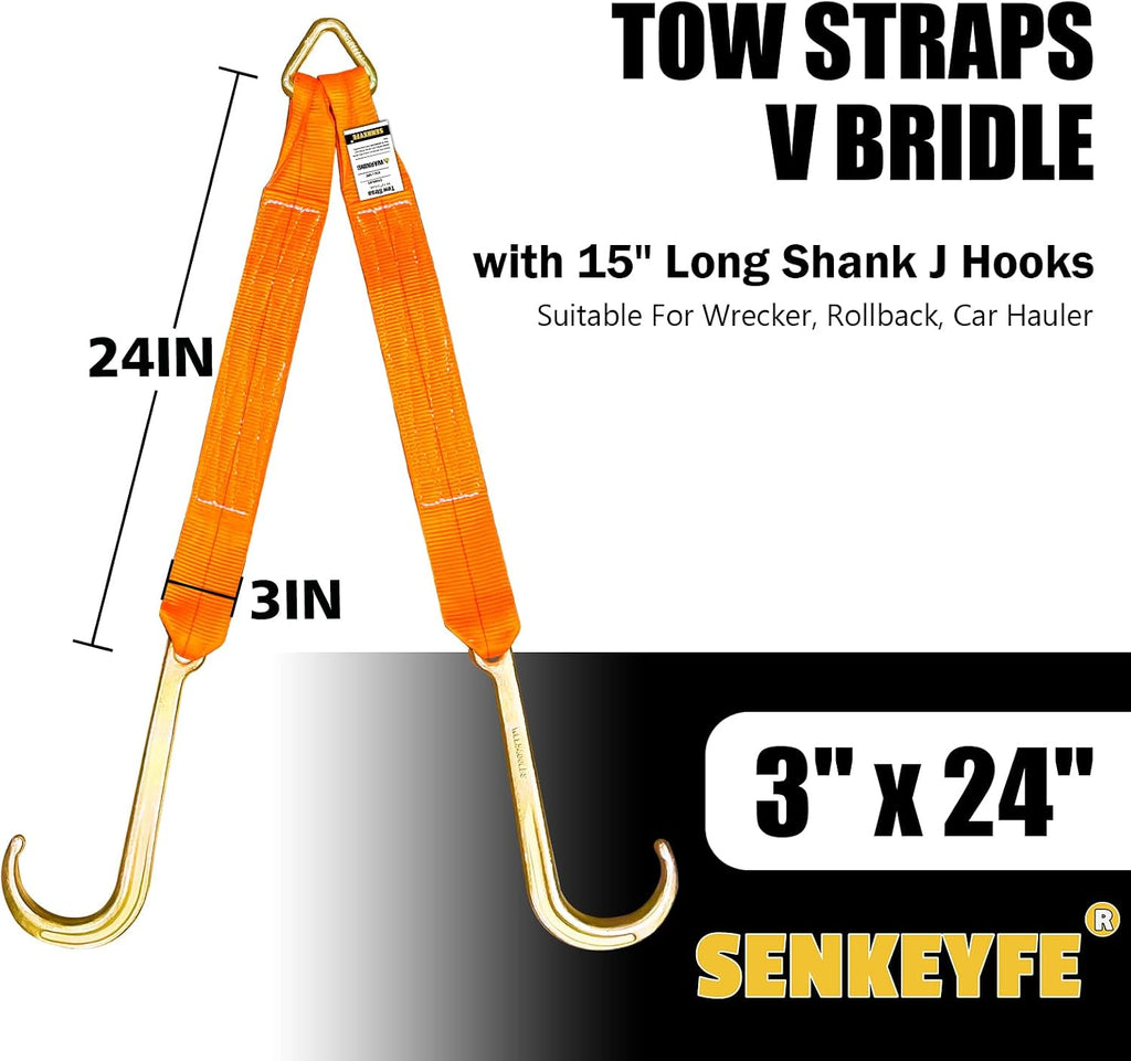 2 PCs 3" x 24" Recovery Tow V-Straps V Bridle w/15 J Hooks 5400LBS | 16200 LBS Breaking Capacity, 5/8" Forged Triangle Ring, Hi Viz/Hi Abrasion Webbing, Ideal for Wrecker Rollback Car Hauler