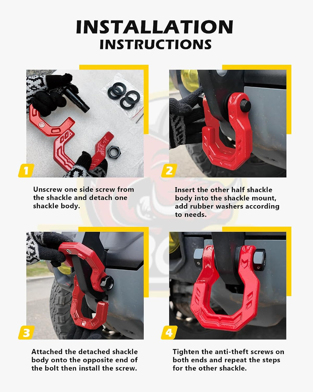 3/4" D-Ring Shackles, Heavy Duty Forged Steel Shackles with 7/8" Pin, Easy Open D-Ring Shackles Towing Winch Hooks for Recovery, Trucks, SUV, ATV, UTV, Off-Road Vehicles, Red Red