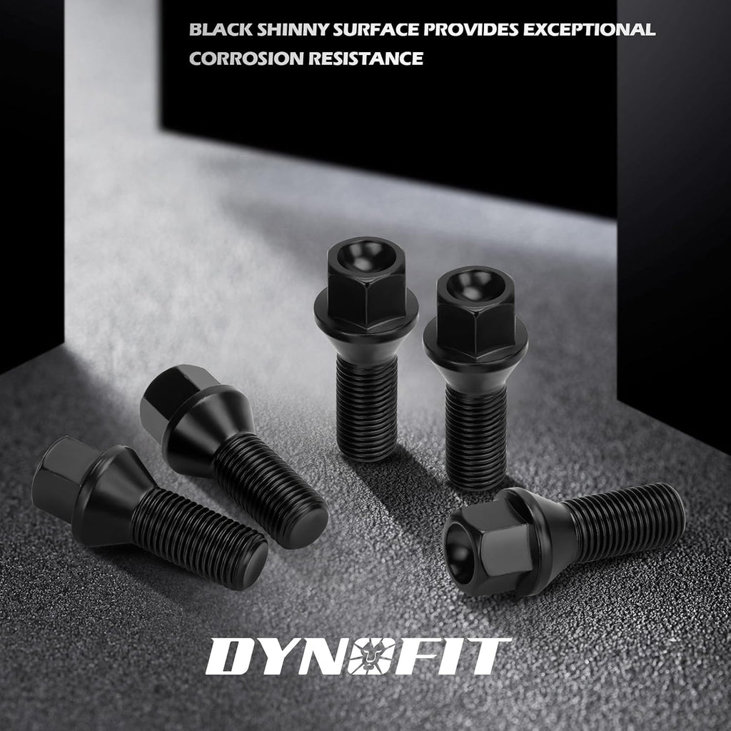 Dynofit 14x1.5 Lug Bolts Compatible with Audi A3 A4 A1 A8,27mm Shank Conical Seat Aftermarket Wheel Bolt, Fit CC Golf Jetta Lavida Se Boxster Cayman Macan Panamera, 20PCS One-piece Design Black Studs