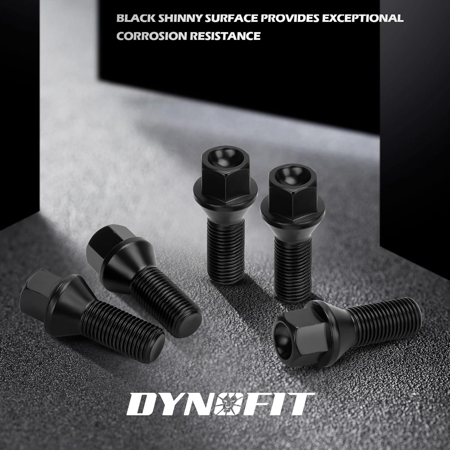 Dynofit 14x1.5 Lug Bolts Compatible with Audi A3 A4 A1 A8,27mm Shank Conical Seat Aftermarket Wheel Bolt, Fit CC Golf Jetta Lavida Se Boxster Cayman Macan Panamera, 20PCS One-piece Design Black Studs