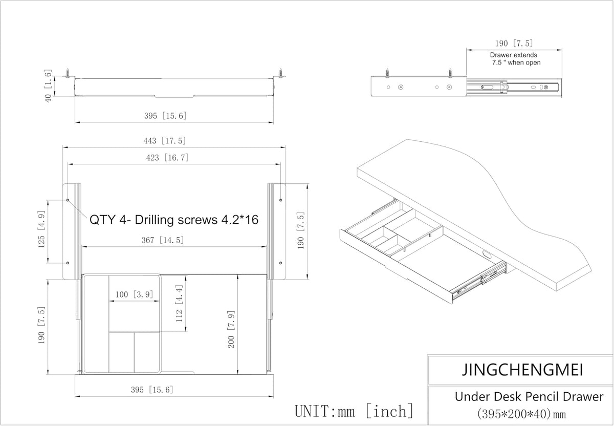 under desk slide out pencil drawer storage organizer, close-up detail