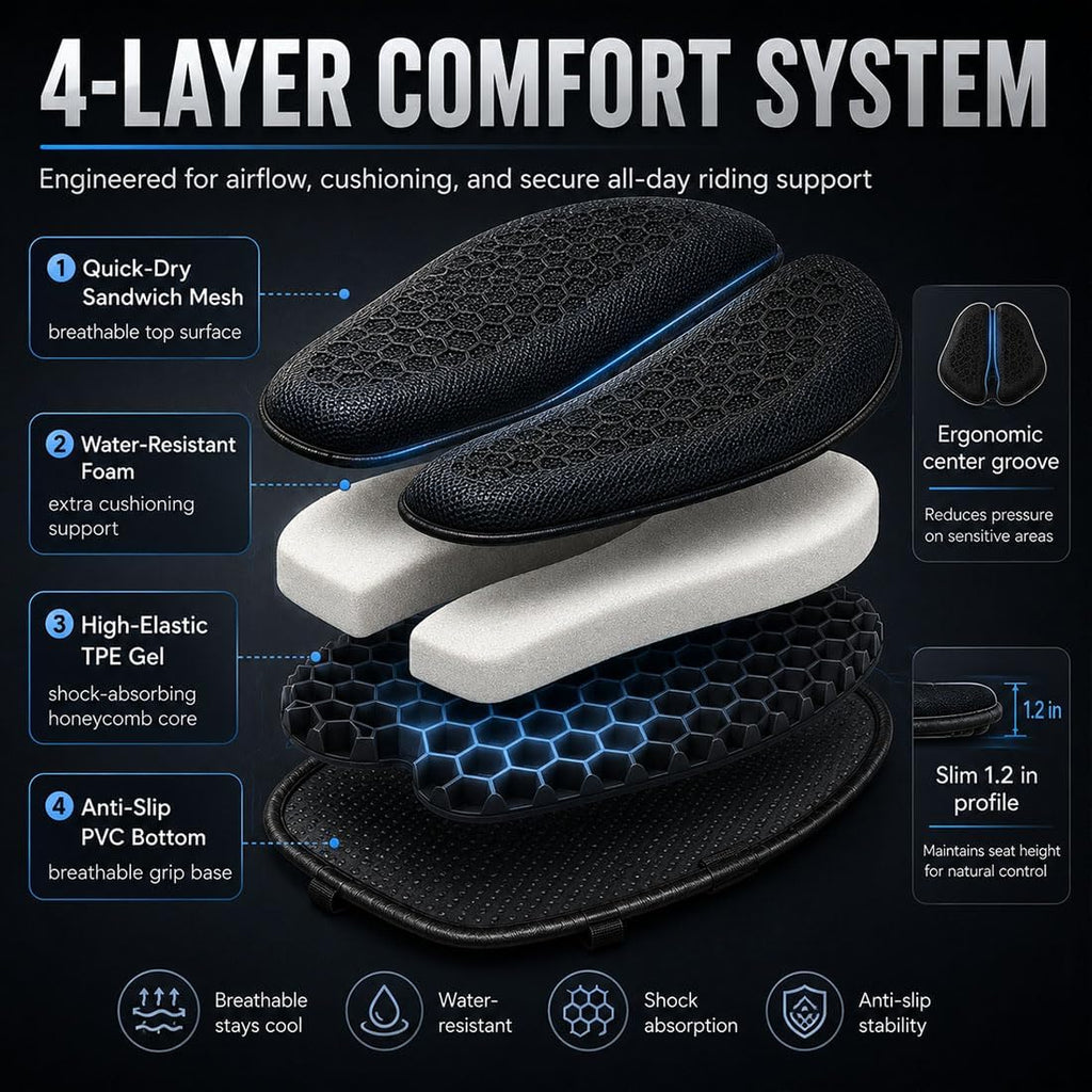 Motorcycle Seat Cushion, 3D Honeycomb Gel Motorcycle Seat Pad for Long Rides, Shock Absorbing Breathable Gel Seat Cushion, Universal Non-Slip Motorcycle Seat Cover with Fixing Straps (Black)