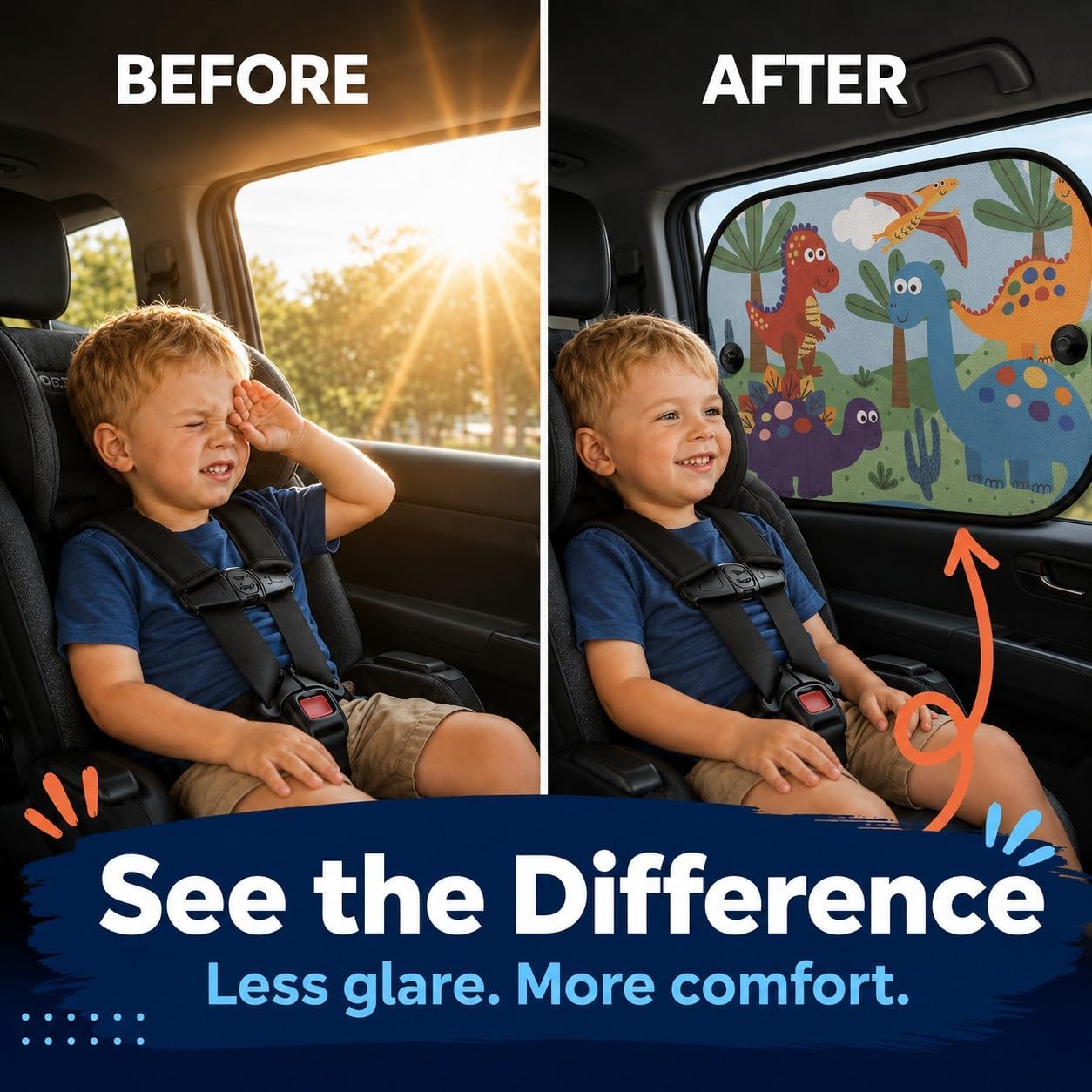 Car Window Shade, 2 Pack Cartoon Animal Side Window Sun Shades with Suction Cups, UV Protection Baby Car Window Shades for Sun Glare, Heat & Travel Comfort (Dinasour)