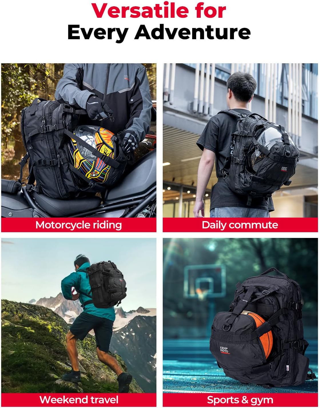 KEMIMOTO Motorcycle Helmet Backpack, 37L Large Capacity Helmet Bag with USB Charging Port, Riding Commuting Backpack for Men