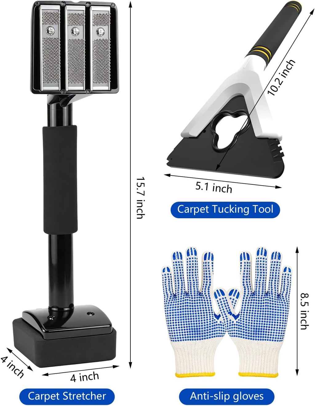 Carpet Knee Kicker Tool Kit with Carpet Tucker, Stretcher Tools for Carpet Stretching and Tucking with Anti-slip Gloves for Carpet Installation Work
